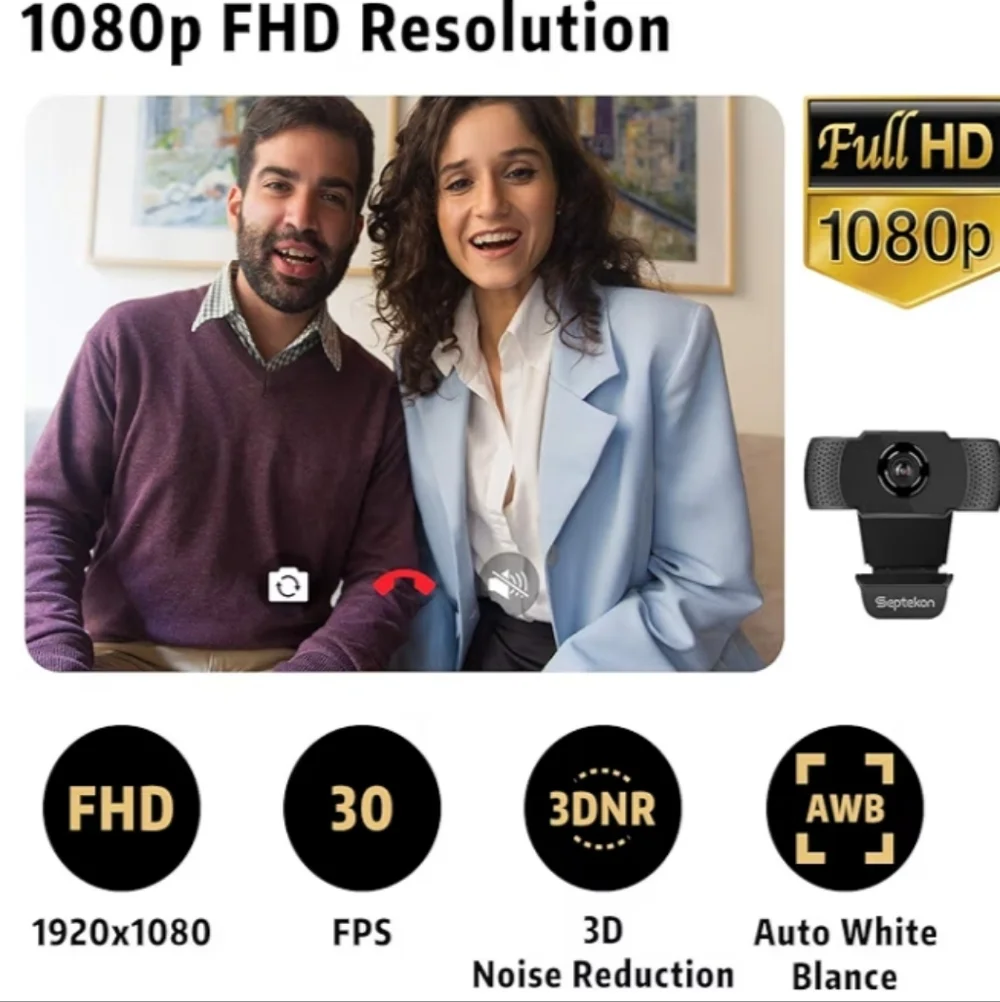 Black USB Webcam with Built-In Microphone
